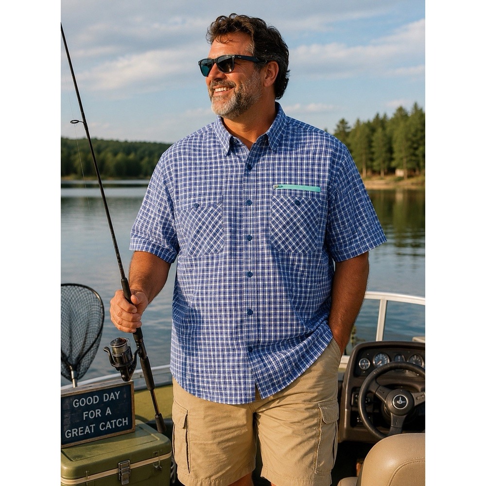 Reel Legends Men's XXL Blue Plaid Short Sleeve Fishing Shirt Performance Vent